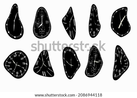 Vector deformed clocks. Dali clock, silhouette, symbols set. Royalty-Free Stock Photo #2086944118