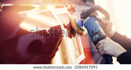 Master mechanic removal of dents defects auto repairman grinding automobile car body banner. Royalty-Free Stock Photo #2086967095