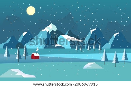Winter landscape with mountains and forest illustration. Night snowfall with bright moon in sky house covered with snow with white trees and frozen river. Vector cartoon cold.