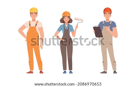 Handyman or Fixer as Skilled Man and Woman Wearing Overall Holding Paint Roller and Clip Board Engaged in Home Repair Work Vector Set