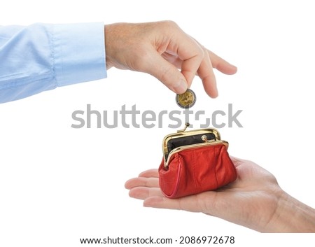 Hand of old man and purse isolated on white background