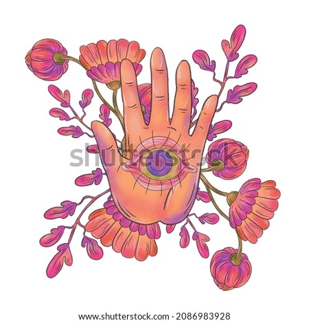 Psychedelic illustration with hand elements and flowers. Raster artwork for creating fashion prints, postcard, wedding invitations, banners, arrangement illustrations, books, covers.