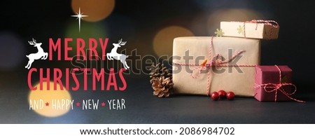 Creative greeting card for Merry Christmas and Happy New Year celebration with gifts