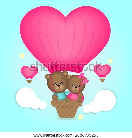 Teddy bears on a balloon with a big red heart Valentine Love design I love you postcard Love poster Valentine's day poster Cute teddy bears on the clouds