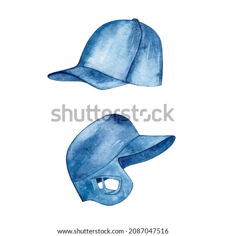 Watercolor drawing baseball helmet and cap. Isolated on a white background. Headwear for sports.