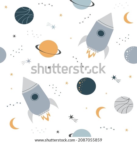 Cute cartoon seamless pattern with rockets and planets. Vector illustration of space. Funny design for baby bedding, newborn clothes, baby room. Stars and constellations in Scandinavian style.