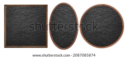 Wooden frame set. Empty square, circle, oval frame with black stone surface texture isolated on white background. Blank frame. Signboard mockup. Old frame. Bulletin board.