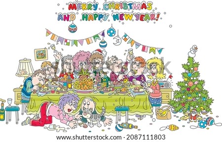 Joyous New Year celebration with a decorated Christmas tree, funny, noisy and slightly drunk guests at festive table of various drinks and tasty food, vector cartoon illustration isolated on white