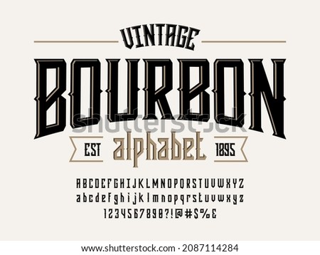 Vintage whiskey and bourbon label style alphabet design with uppercase, lowercase, numbers and symbols Royalty-Free Stock Photo #2087114284
