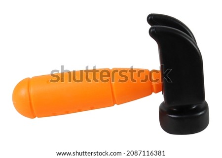 Plastic toy hammer with orange handle on white background, isolated image