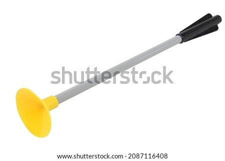 Toy bow arrow with yellow suction cup, on a white background, isolated image Royalty-Free Stock Photo #2087116408