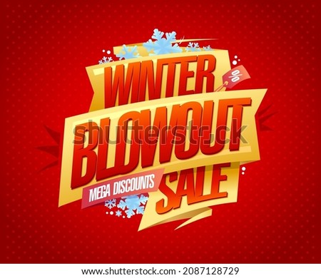 Winter blowout sale, mega discounts, vector web banner or flyer design mockup, bright red color Royalty-Free Stock Photo #2087128729