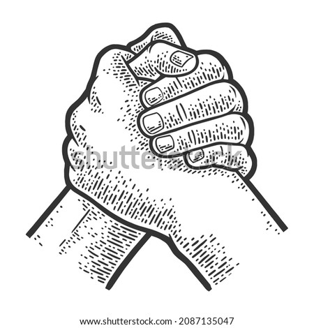 Brother friend handshake sketch engraving vector illustration. T-shirt apparel print design. Scratch board imitation. Black and white hand drawn image. Royalty-Free Stock Photo #2087135047