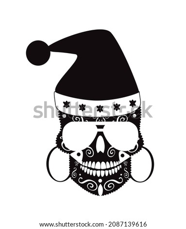 Santa skull black and white color with sunglasses, earrings and ornament details. Christmas background icon.