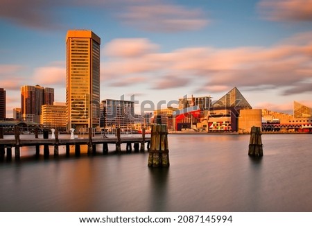 Evening long exposure of the Baltimore Inner Harbor Skyline, Maryland