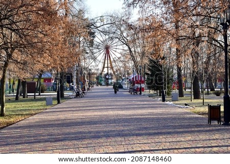 The picture shows one of the many paths in the city park with young trees on the sides and a Ferris wheel.