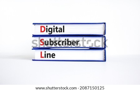 DSL digital subscriber line symbol. Concept words DSL digital subscriber line on books. Beautiful white table, white background, copy space. Business and DSL digital subscriber line concept. Royalty-Free Stock Photo #2087150125