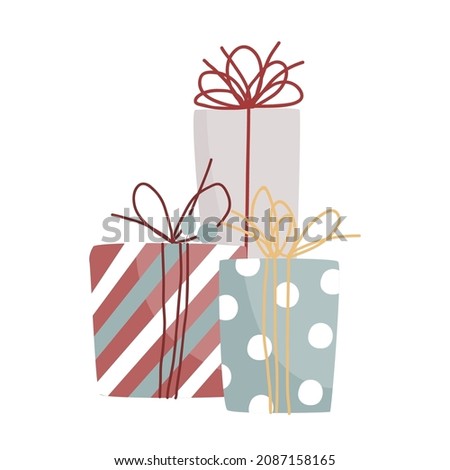 Cute pile of gift boxes or Christmas presents. Xmas gifts wrapped in striped, dotted, and craft doodle paper, vector illustration.
