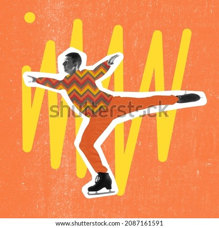 Young male skater ice skating isolated on bright abstract background. Modern design, contemporary art collage. Inspiration, idea, trendy magazine style. Digital fashion sport collection