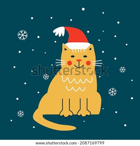 Vector illustration with cat in a santa hat on snowy background. Christmas card with smiling character.