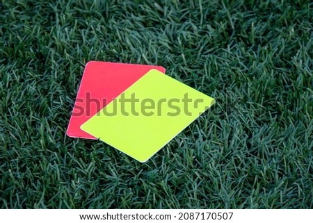 Referee soccer, football game, red and yellow cards on green grass. Two penalty cards for the referee