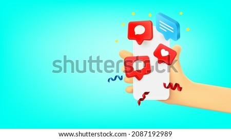 Man using social mobile application. 3d vector banner with copy space
