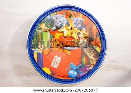 Illustration of Cats and a Dog in a Present labelled Return to Santa on a White Background