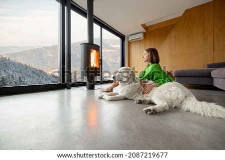 Woman sitting with dog near fireplace and panoramic window at modern living room with stunning view on snowy mountains. Concept of rest in houses or cabins on nature. Idea of escape from everyday life Royalty-Free Stock Photo #2087219677