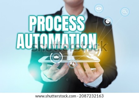 Conceptual caption Process Automation. Conceptual photo Transformation Streamlined Robotic To avoid Redundancy Lady In Uniform Holding Phone And Showing Futuristic Virtual Display