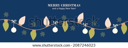 Dark blue Christmas illustration. Garland with balls on it on strings. Snowflakes. Holiday mood. Merry Christmas and Happy New Year.