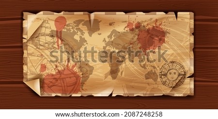World old map, continent silhouette, vector vintage antique cartography background. Pirate retro parchment geography scrapbooking texture, engraving symbol, ink splash. World map on wooden table