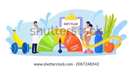 Body mass index control. Pretty young woman on diet trying to control body weight with BMI. Girl stands on scale. Healthy fat measurement method. Obesity, underweight and extremely obese chart scales