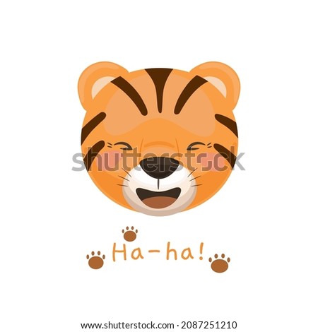 Cute little tiger icon with the text Ha-ha. Animal cartoon illustration.