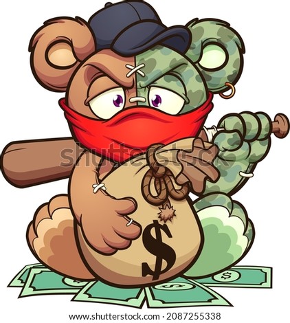 Cartoon angry Teddy bear holding a baseball bat and keeping a big bag on money. Vector clip art illustration with simple gradients. All on a single layer.
