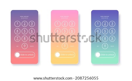 Phone screen with unlock slide button and keypad. Enter mobile password, passcode. Vector illustration with pastel gradients isolated on white background Royalty-Free Stock Photo #2087256055