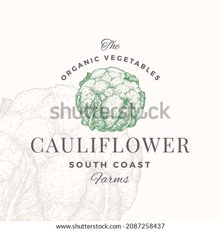 Cauliflower Badge or Logo Template. Hand Drawn Vegetable Sketch with Retro Typography. Premium Plant Based Vegan Food Emblem. Isolated Royalty-Free Stock Photo #2087258437