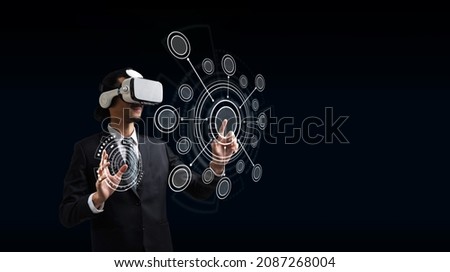 Innovation. businessman wearing VR virtual reality headset hand touching virtual screen global link connecting diagram on dark background, networking security, digital, internet, communication concept