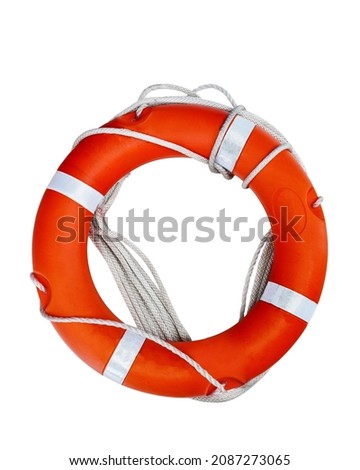 Ring buoy with rope flotation assistance security emergency in water isolated on white background. This has clipping path. Royalty-Free Stock Photo #2087273065