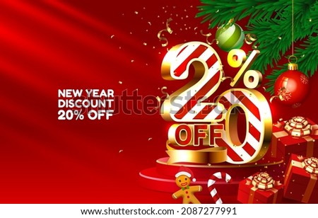 New year discount merry Christmas sale 20 off golden numbers, with gifts and Christmas decorations on the red background. Vector illustration