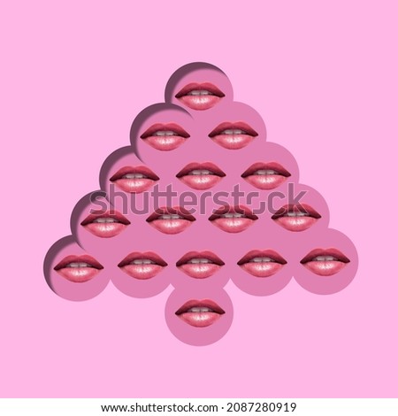 Contemporary art collage.  Concept pink lips Christmas tree on a pink background,. Minimal beauty. 