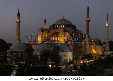 Hagia Sophia or Ayasofya , Istanbul, Turkey on the Sunset. It is the former Greek Orthodox Christian patriarchal cathedral, later an Ottoman imperial mosque. One of the main attractions of Istanbul
