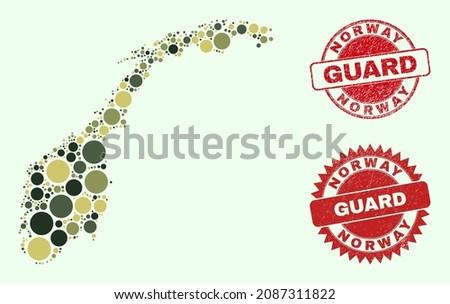 Vector round elements combination Norway map in khaki colors, and grunge stamp seals for guard and military services. Round red stamp seals include word GUARD inside.