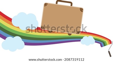 Illustration of a travel bag traveling on a rainbow