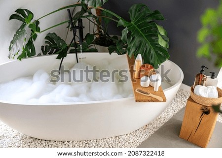 Modern bathroom interior with white bubble filled bathtub and monstera tropical plant. Eco body care products on wooden home decor elements. Concept of organic cosmetics, spa