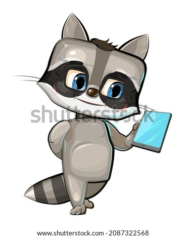 Cute kid Raccoon with a smartphone. Good kid animal. Illustration for children. Isolated on white background. Vector