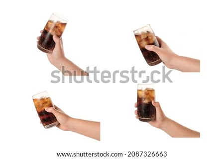 Set of Female hand holding glass of cola isolated on white background.