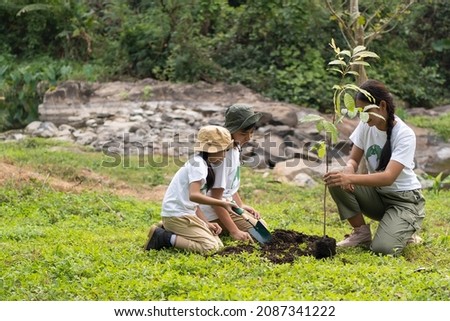 Children, boys and girls help each other plant trees in the forest under the guidance of a female teacher. Royalty-Free Stock Photo #2087341222