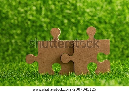 Close up of connecting couple puzzle wood jigsaw on a green grass field, teamwork, success, goals, strategy, partnership, environmental conservation, and ecological concept.