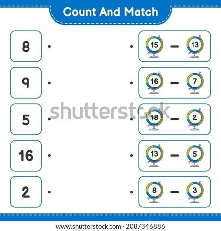 Count and match, count the number of Globe and match with the right numbers. Educational children game, printable worksheet, vector illustration