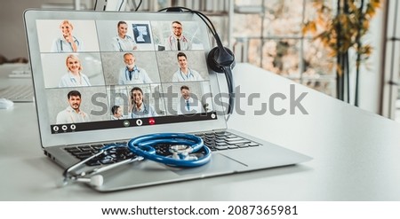 Telemedicine service online video call for doctor to actively chat with patient via remote healthcare consultant software . People can use app to contact doctors for virtual meeting from home . Royalty-Free Stock Photo #2087365981